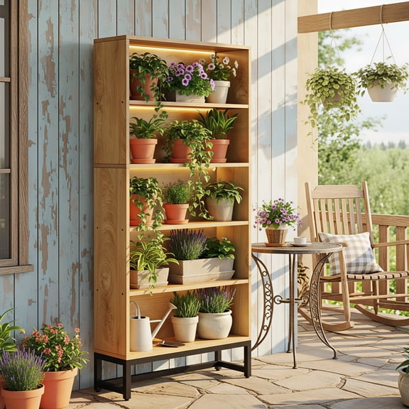 Finmind 70.8" Tall Plant Rack with LED Lights, 5-Tier Freestanding Plant Display Shelf, Brown