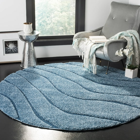 SAFAVIEH Florida Tabitha Geometric Waves Shag Area Rug, Light Blue/Blue, 4' x 4' Round