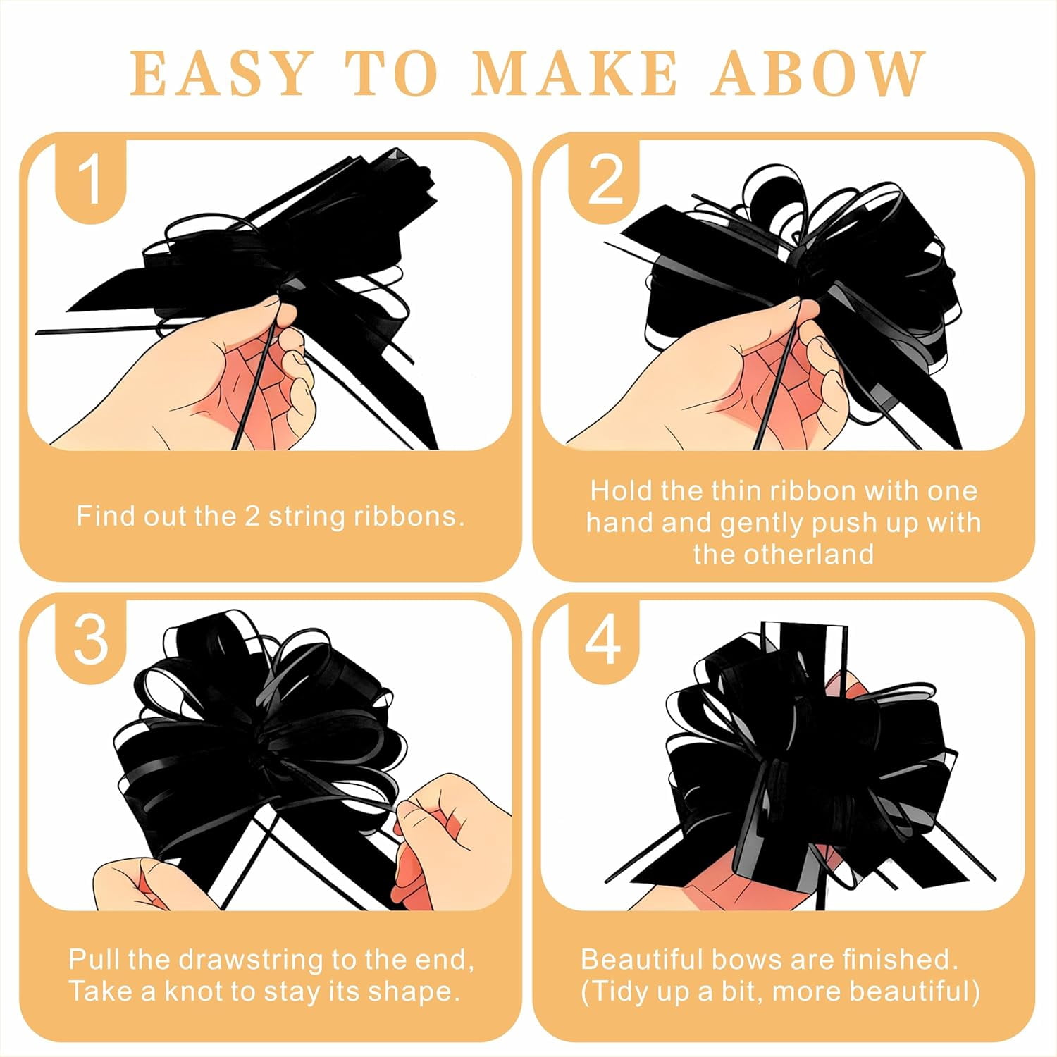 10-Pack Jet Black Pull Bows for Gift Wrapping - 6 Inch Reusable Ribbon Bows, Large Instant Floral Decor Bow Wedding, Christmas, Birthday Decor, Basket & Party Decorations