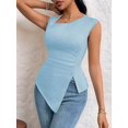 thumbnail image 6 of Womens Asymmetric Neck Slim Fit Cropped Solid Color Tshirt Elegant Basic Top Casual Chic Tee Light Blue S, 6 of 9