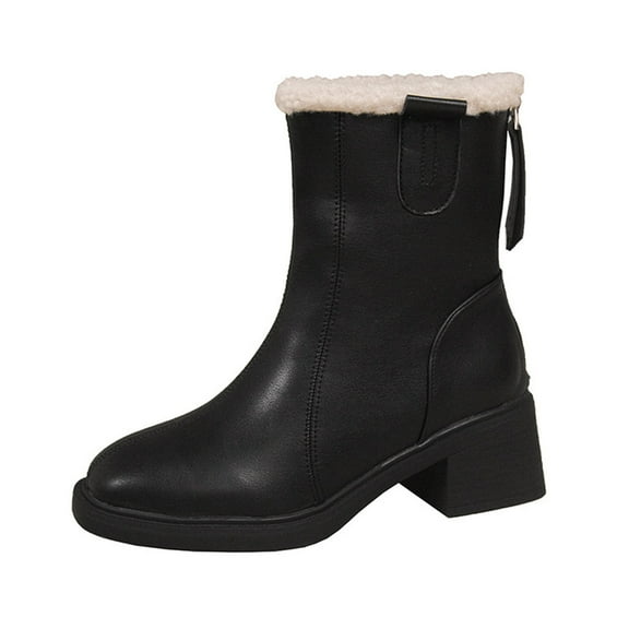 Tao Tao Winter Boots for Women, Comfortable Slip On Mid Chunky Heel Suede Warm Snow Ankle Boots Outdoor Shoes Black 40