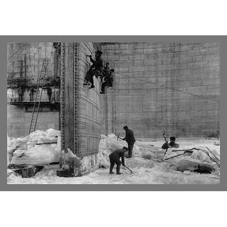 Ice has locked this lock and workers take the opportunity to paint repair and try to free the lock from the icy grip of winter Poster Print by unknown