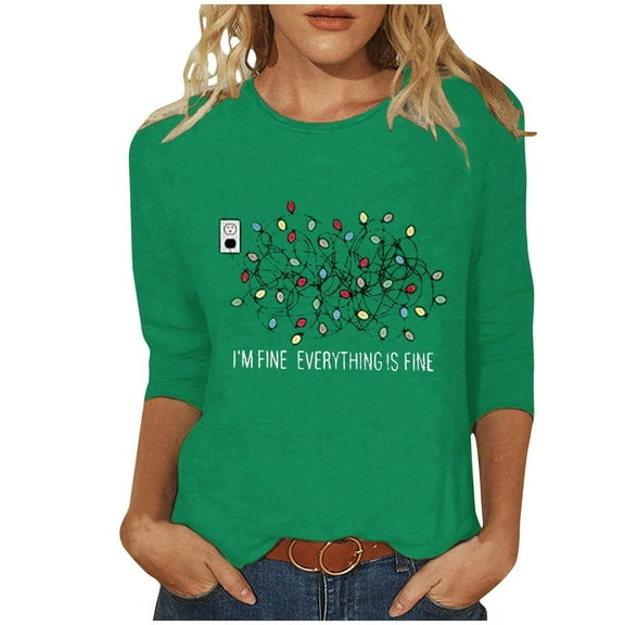 Christmas Shirts for Women Three Fourths Sleeve Round Neck Casual Loose Tops for Christmas Party Green 5XL