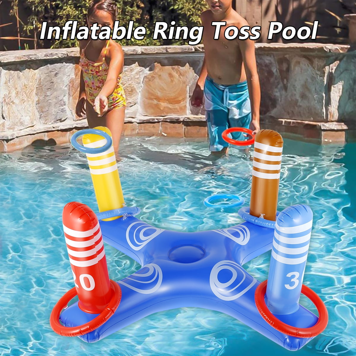 THREN Fun Inflatable Ring Toys Set Durable PVC Swimming Pool Floats Toys Games Set with 4 Rings