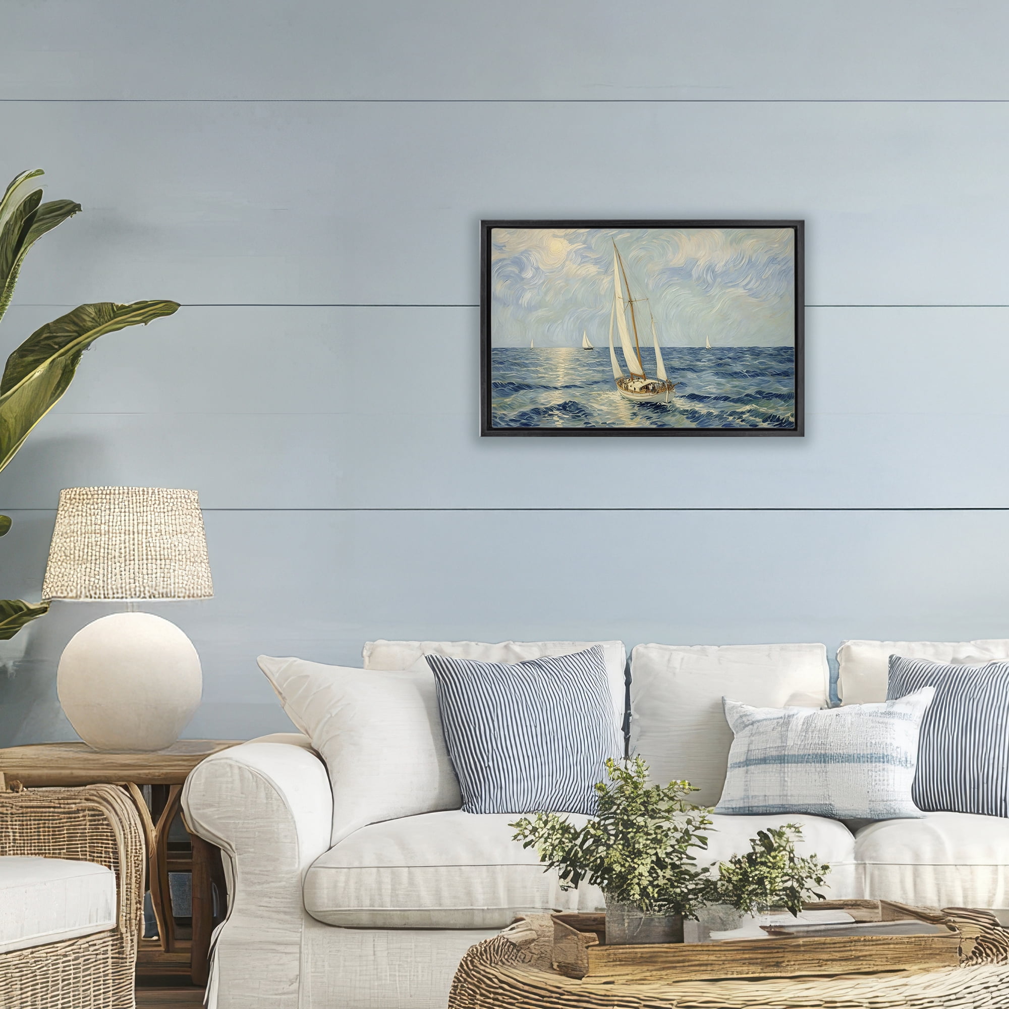Stupell Industries Sailing Yacht on Blue Sea Black Framed Floater Canvas Wall Art, design by Angie Hawke