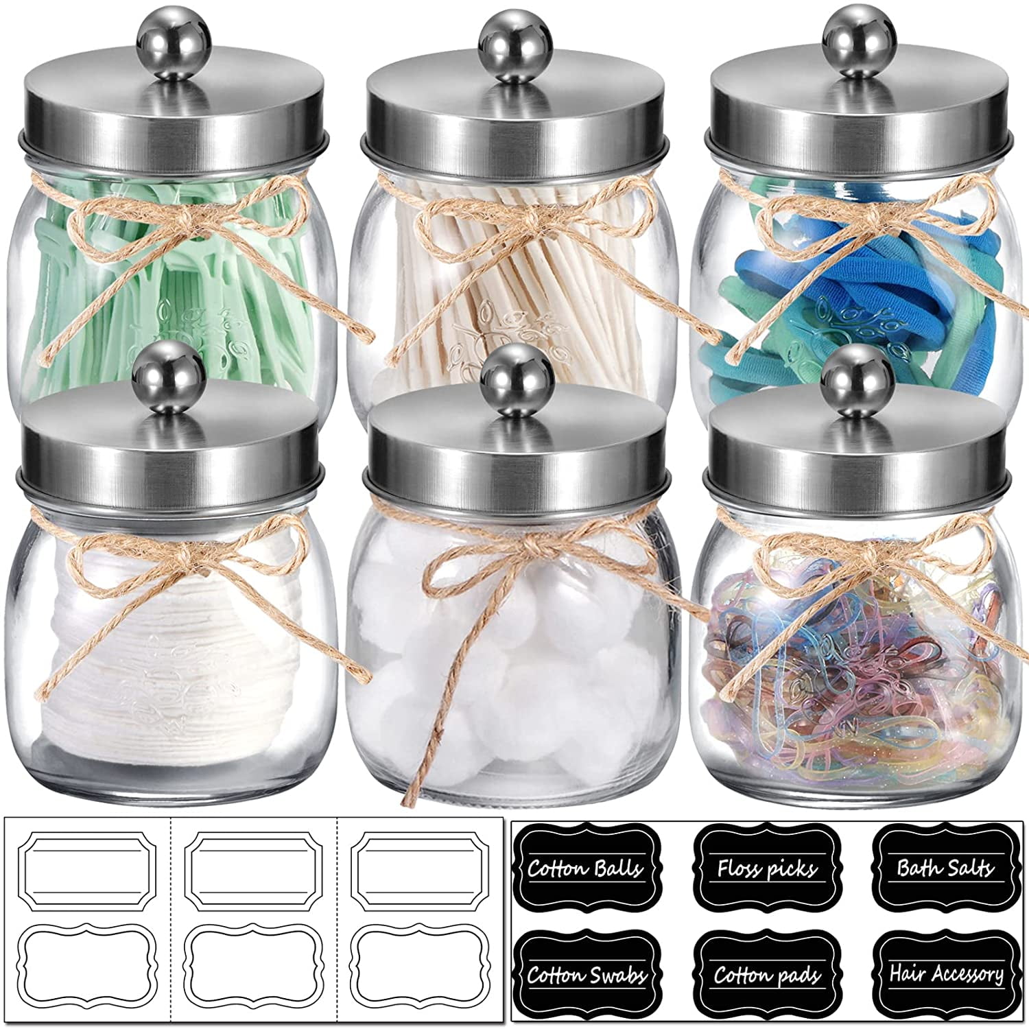6 Pack Apothecary Jars Set,Mason Jar Decor Bathroom Vanity Storage  Organizer Canister,Glass Qtip Holder Dispenser for Qtips,Cotton  Swabs,Ball,bathoom ...