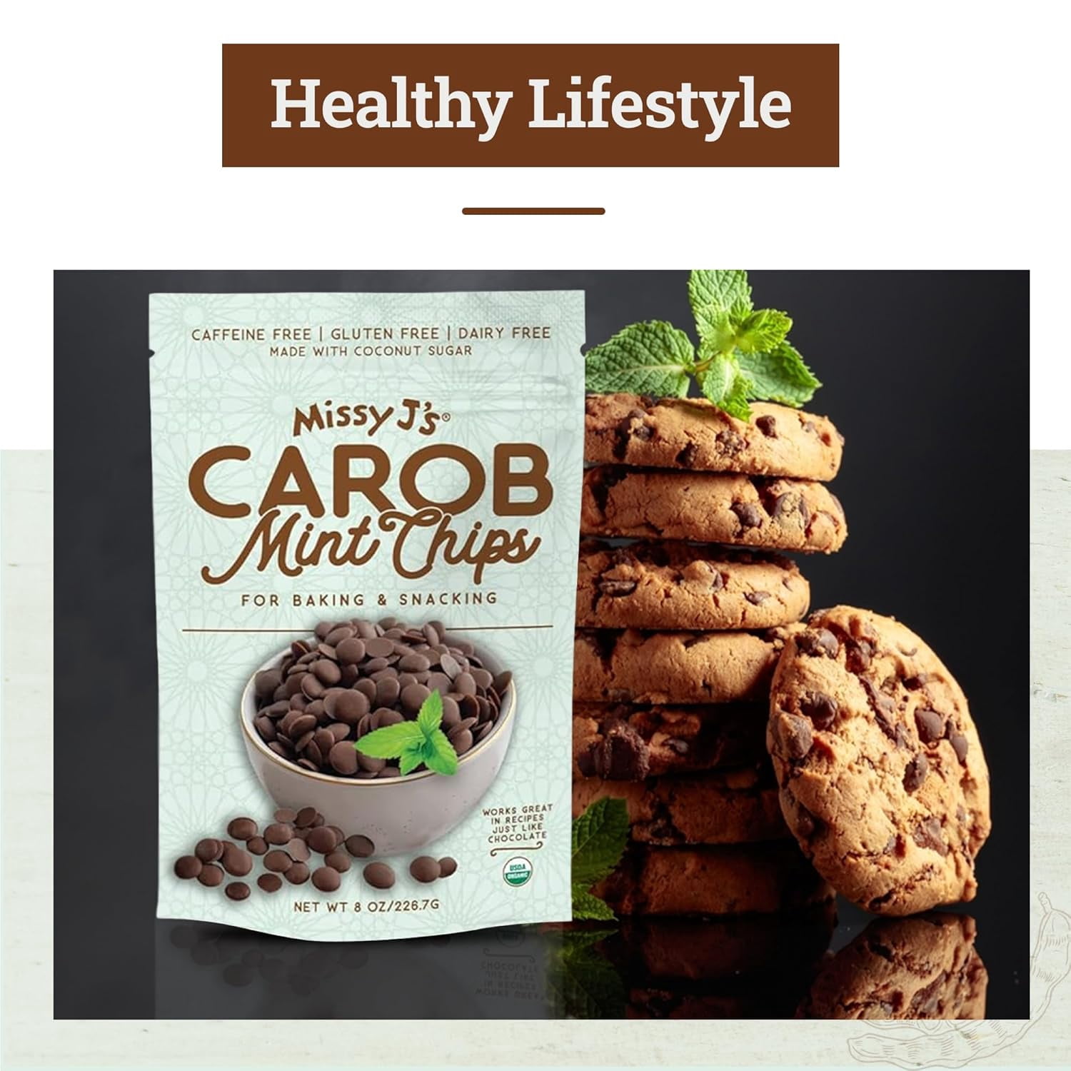 Missy J’s Organic Mint Carob Chips Gluten-Free Snacks Healthy Desserts for Baking & Snacking 3 Pack