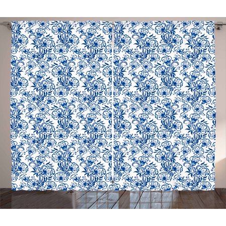 Blue Curtains 2 Panels Set Delicate Spring Season Themed Floral