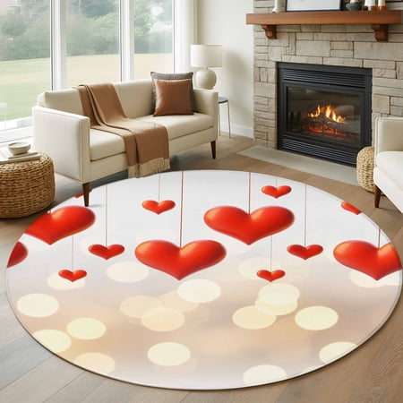 Round Rug 6Ft Washable Non-Slip Valentine s Day Circle Area Rugs for Living Room Bedroom Romantic Red Love Sweet Heart Shiny Light Indoor Floor Mats Carpet Runner for Home Decor Aesthetic