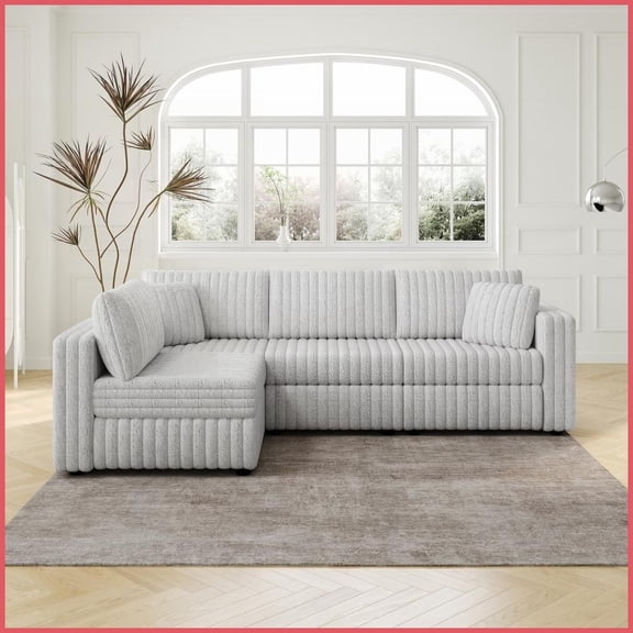 Modern 106.3" L-Shaped 4-Person Sofa - Light Gray Acrylic Faux Rabbit Fur, Modular Storage for Living Room/Bedroom