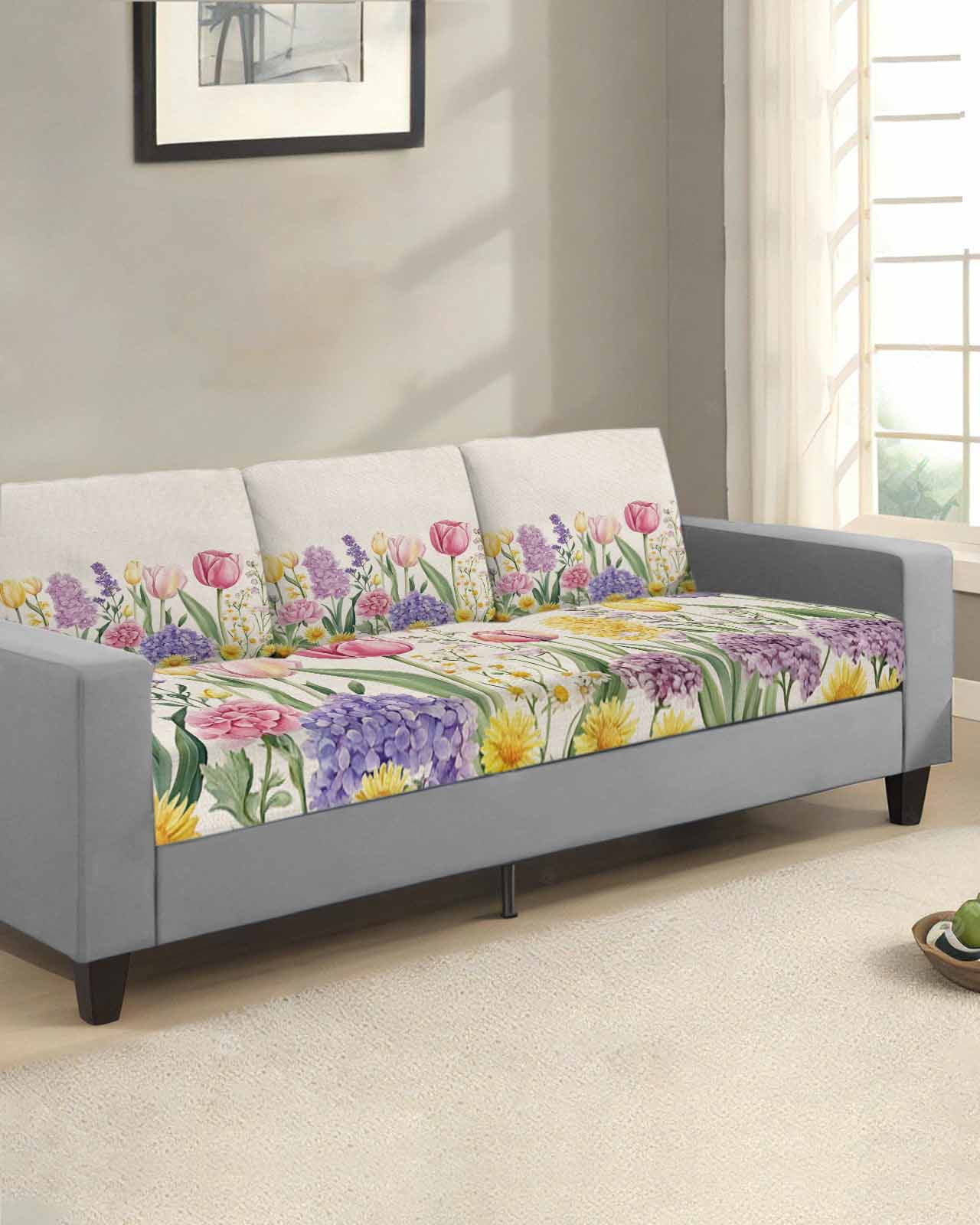 Spring Floral Couch Cushion Covers,Stretch Seat Cushion Covers for Sectional Sofa,Pink Tulip Summer Botanical Rustic Individual Sofa&nbsp;Slipcovers Furniture Protector with Elastic Straps 1Pcs, S
