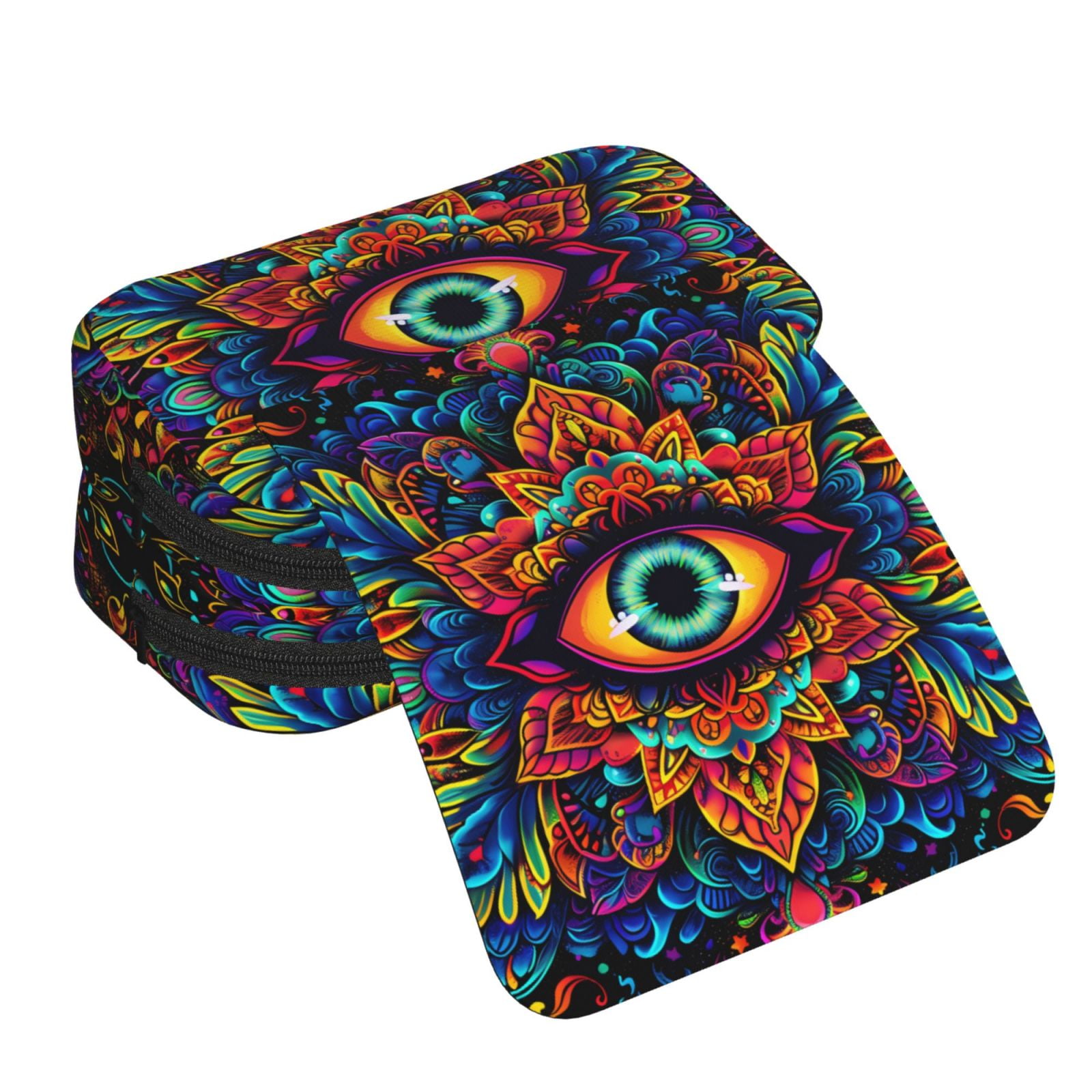 Rateoe Vibrant Psychedelic Eye Pattern Double Clamshell Pen Case, Storage Organizer with Two Zipper Compartments– Holds Up to 50 Pencils & Pens