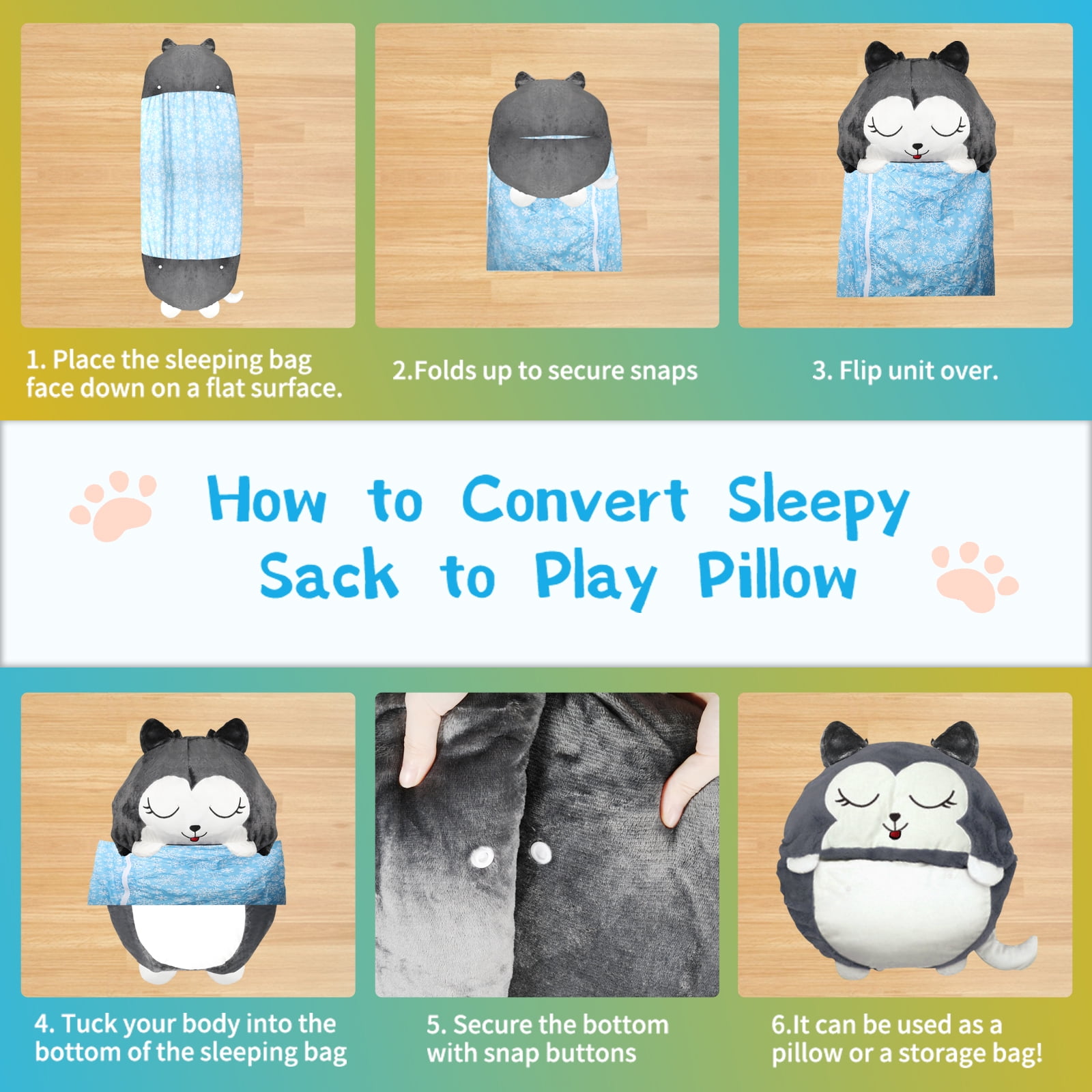 KKL Kids Sleeping Bag with Pillow, 2-in-1 Foldable Gray Dog Sleeping Bag, 47 x 18 inch