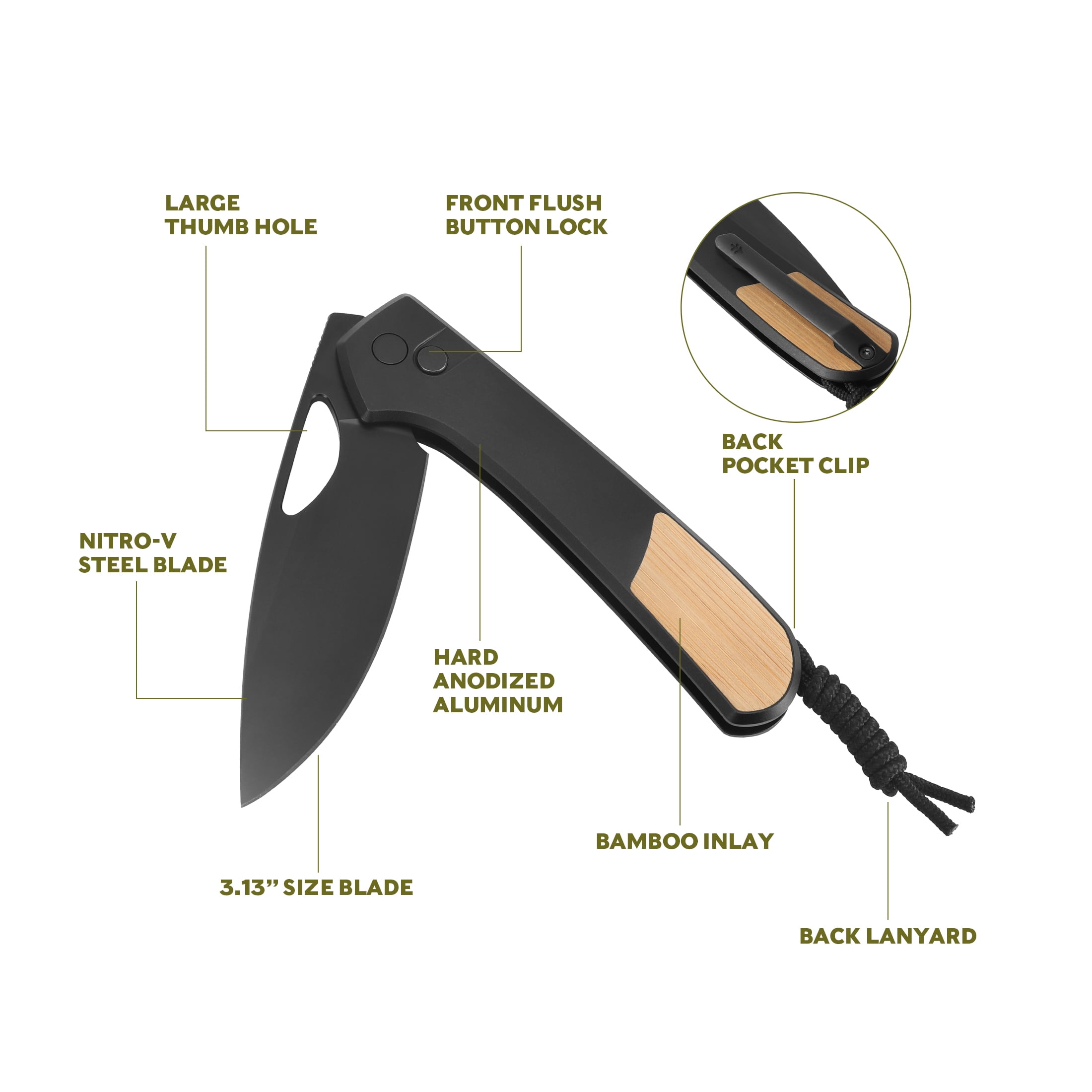 Swiss Tech Folding Knife With Nitro-V Steel Blade And Bamboo Inlay Handle