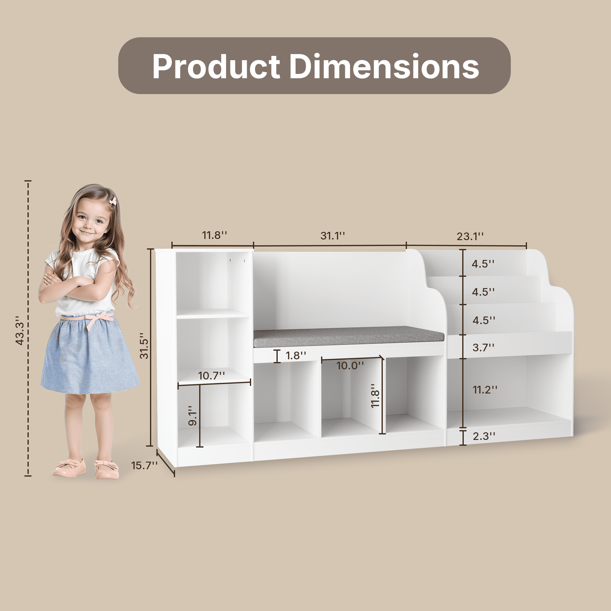 Lofka Kids Bookshelf with Reading Nook & Toy Storage - 3-Tier Bookshelf, 7 Cube Organizer, Double Seat & Anti-Tip Design - Perfect Children’s Bookcase & Playroom Furniture (White)