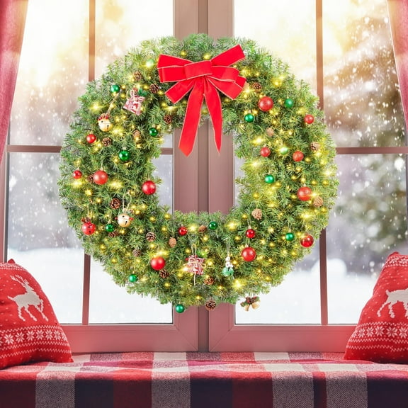 48-inch Large Artificial Christmas Wreath with Red Bow, 200 LED Lights and 720 PVC Light Heads, Metal Structure, Suitable for Doors, Walls and Mantels