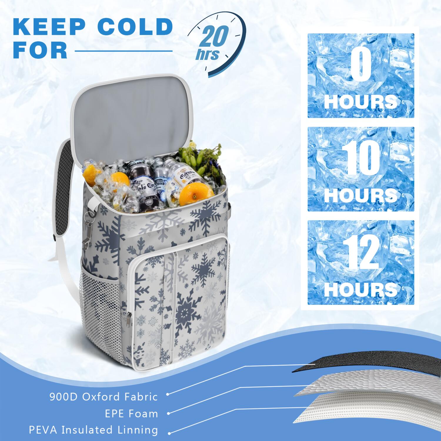 Travel Cooler Bag - Blue Christmas Snowflake Pattern Camping Beer Cooler Backpack with Bottle Opener- Waterproof Insulated Picnic Backpacks - Cooler Bag for Beach