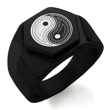 Stainless Steel Paisley Yin Yang Engraved Hexagon Crest Flat Top Biker Style Polished Ring