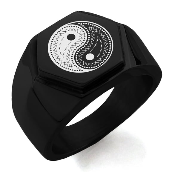 Stainless Steel Paisley Yin Yang Engraved Hexagon Crest Flat Top Biker Style Polished Ring