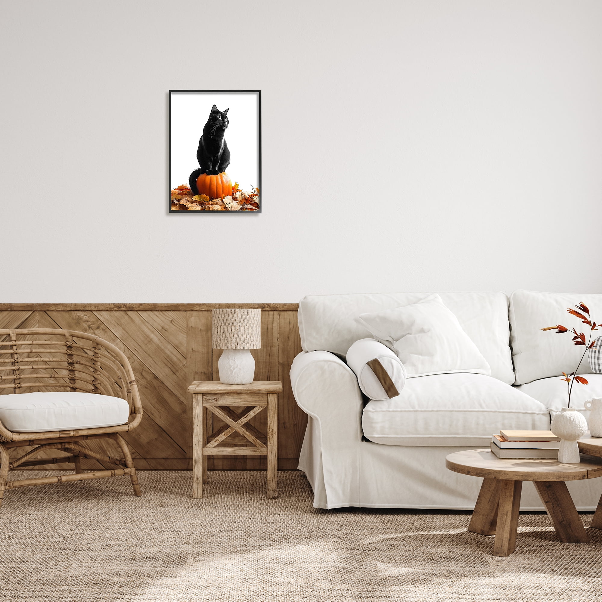 Stupell Industries Black Cat & Pumpkin Holiday Painting Black Framed Art Print Wall Art, 16 x 20
