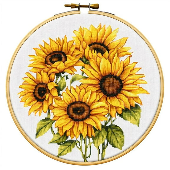Sunflower Round Shape Stamped Cross Stitch Kits for Beginners Easy with Hoop 11CT Needlepoint Embroidery DIY Counted Cross Stitch Kits Art Craft Wall Decoration 35x35cm(1)
