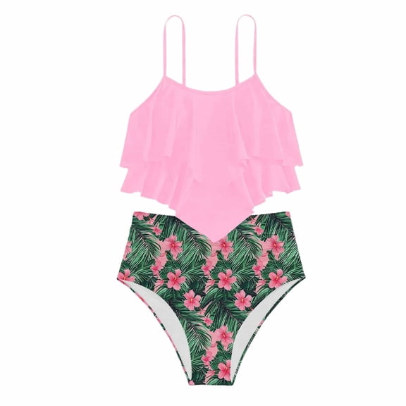 JAJAHO Tankini Swimsuits For Girl Two Piece Beachwear Fashion Ruffle Spaghetti Strap Top High Waisted Floral Print Briefs Bottoms 10-14Y Teens Trendy Swimwear