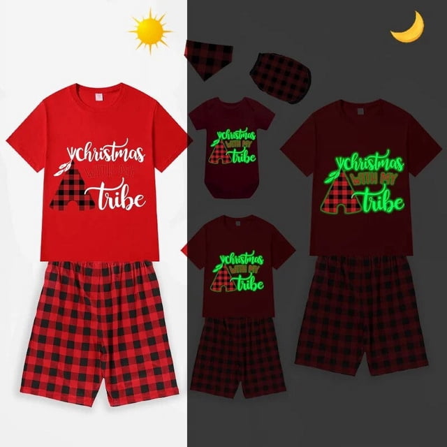 Pijama familiar a juego de Navidad, luminoso, brillante, con mi tubo, rojo, corto