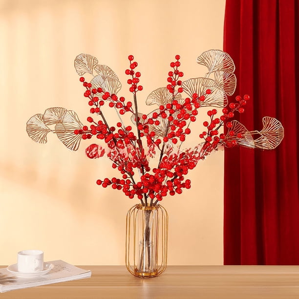 Simulación de fruta roja, decoración de boda de Año Nuevo, Festival de Primavera, fruta de la fortuna, baya, decoración de hotel, accesorios de cubo de bendición, fruta de acebo