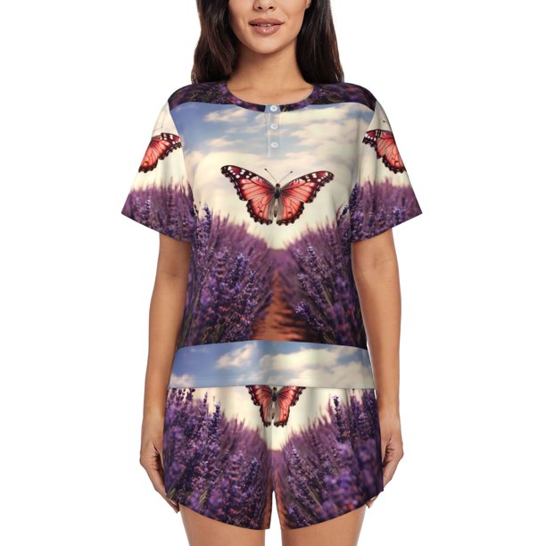 Balery Butterfly Over Lavender Conjunto de Pijama para Mujer con Estampado, Dos Piezas de Manga Corta y Shorts, Ropa de Dormir Suave con Cuello Redondo y Bolsillos-Medium