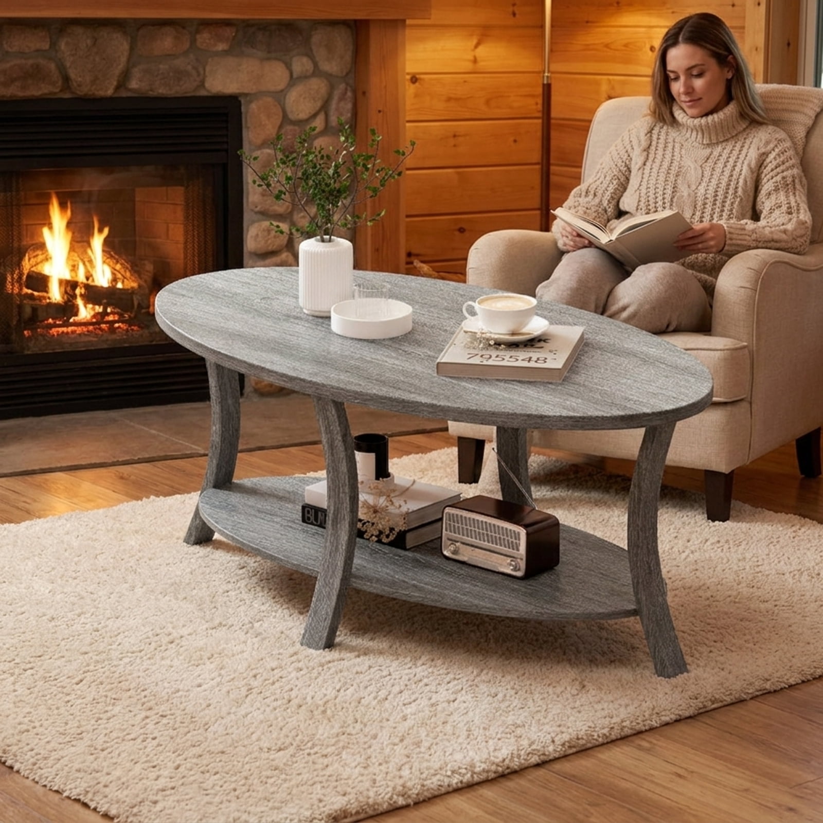 Furnibear Oval Coffee Table 2-Tier Center Table with Storage Shelf - Gray - Living Room Cocktail Center Table