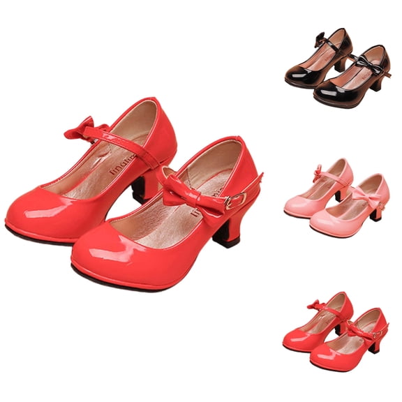 SGFCWSX Girls Mary Jane Shoes Kids Patent Leather Bow Ankle Strap Low Heel Wedding Party Flats Red Size 1 Big Kids