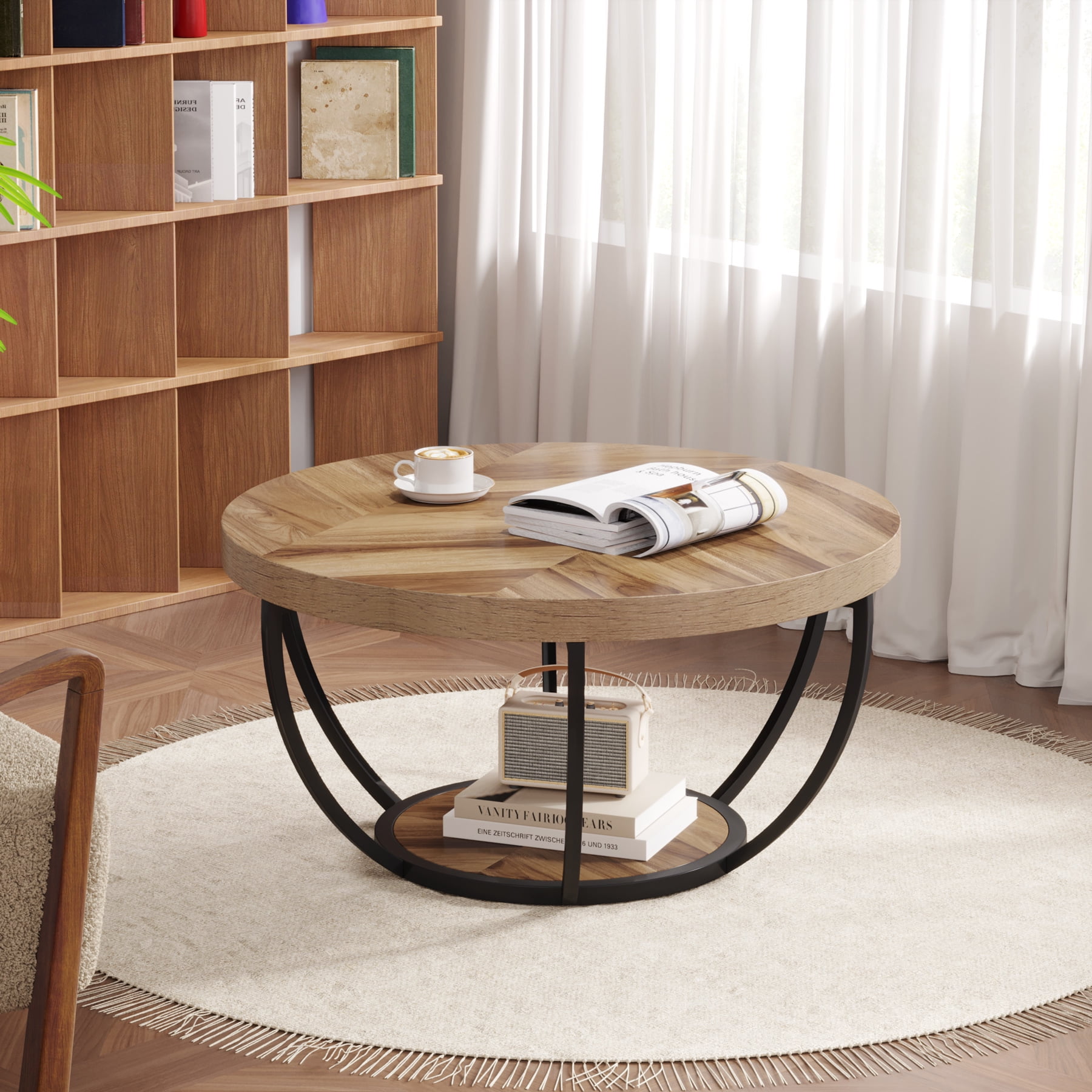 Demi Bonn Wooden Coffee Table, 2-Tier Round Central Cocktail Table with Shelves for Living Room, Beige