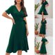 thumbnail image 2 of Women V-Neck Dress Fashion Short Sleeves Dress High Waisted Dress Solid Color Midi Party Dress Girls Summer Casual Dress dark red XXL, 2 of 4