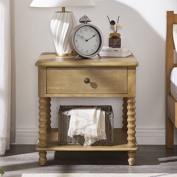 Morden Fort Farmhouse Spindle Nightstand Mid-Century 1 Drawer 1 Shelf Wood Natural Oak Finish