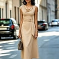 thumbnail image 4 of Morttic Women's Solid Color Sleeveless Cowl Neck Midi Dress – Elegant Ruched Tied Waist A-Line Dress Office & Party Wear Khaki，L, 4 of 6