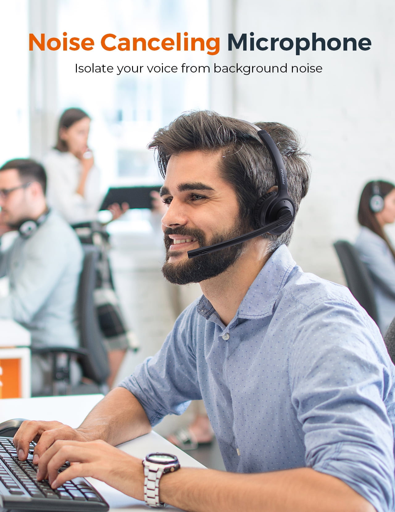 VTIN Trucker V5.0 Bluetooth Headset with 200H Charging Station, Over The Head Cell Phone Headset with Noise-Canceling Microphone, Comfort-fit Truck Driver Headset for Call Center, Office, Skype