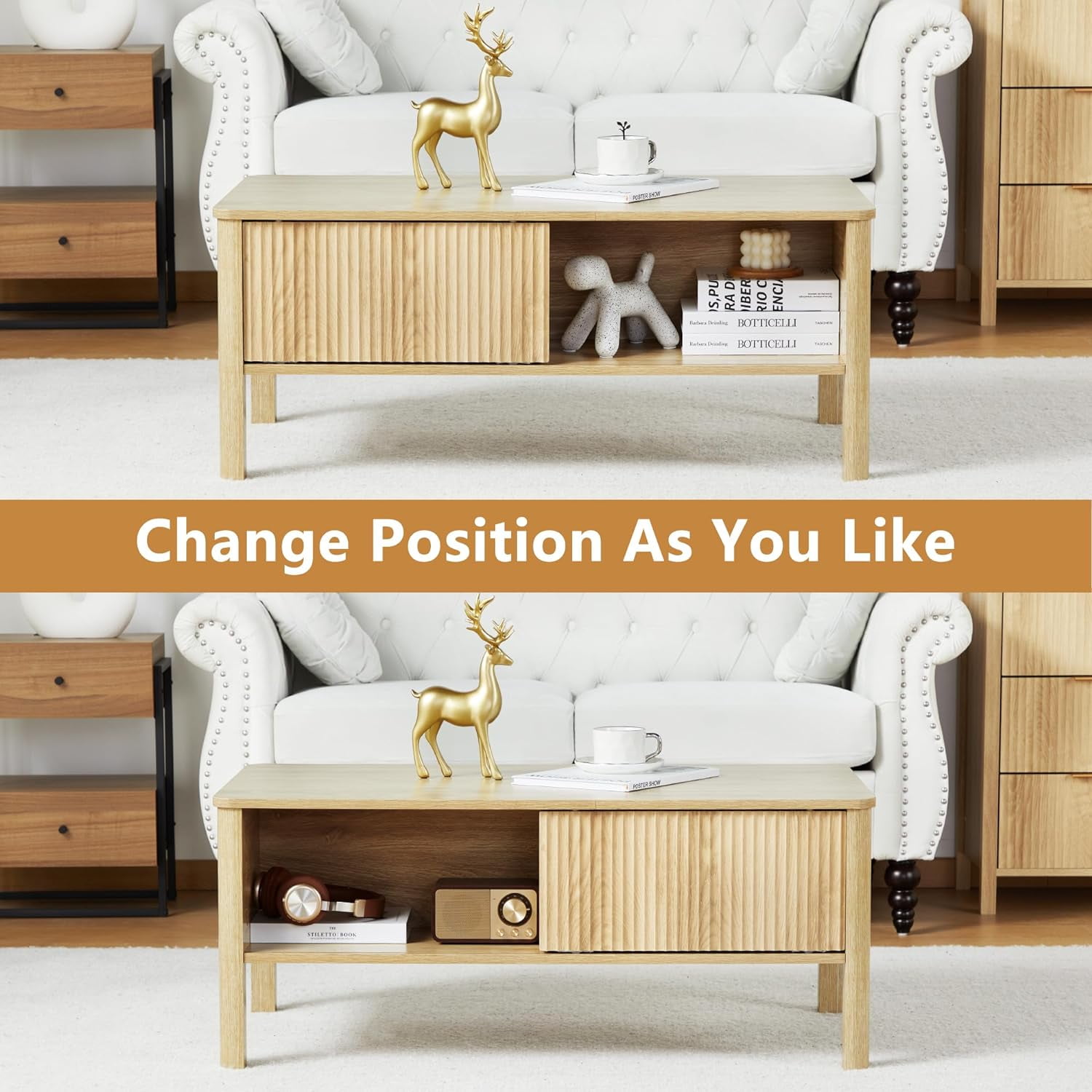 Wirrytor Mid-Century Square Fluted Coffee Table with Dual Storage