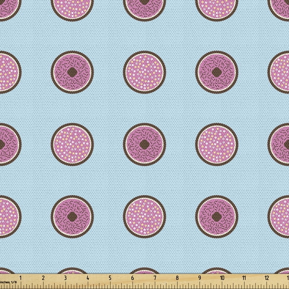 Dessert Fabric by the Yard, Donuts Strawberry Flavour and Chocolate Pie Rose Jam Bicolour Design, Upholstery Fabric for Dining Chairs Home Decor Accents, Pale Blue Pale Fuchsia by Ambesonne