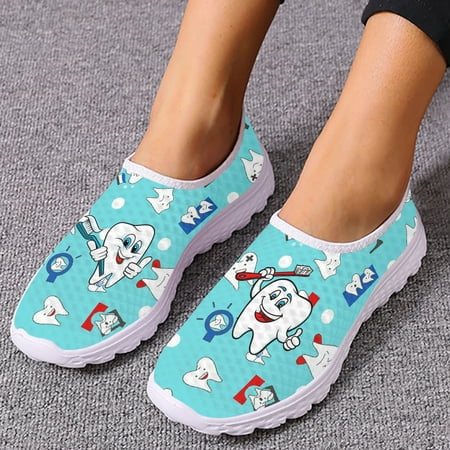 

Cute Cartoon Tooth Pattern Women Slip On Sneakers Dentist Mesh Ladies Shoes Light Casual Summer Beach Water Loafers