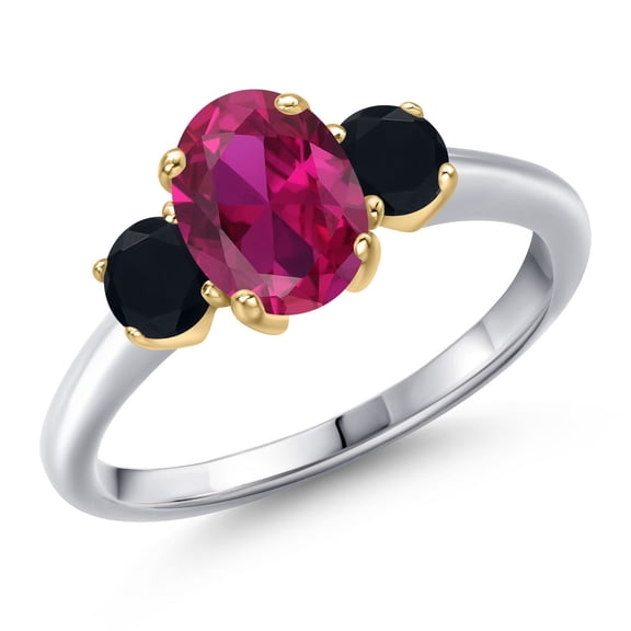 Gem Stone King 10K Two Tone Gold Red Created Ruby and Black Onyx Engagement Ring for Women | 1.79 Cttw | Oval 8X6MM | Gemstone July Birthstone | Size 8