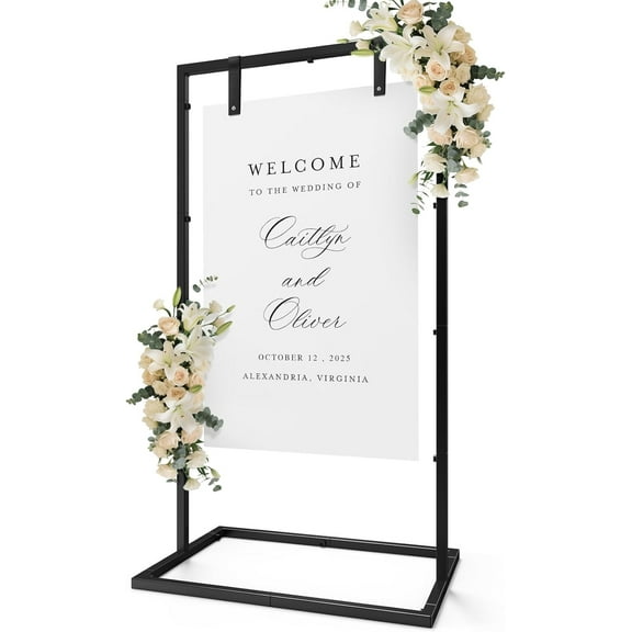 Wedding Sign Holder, Adjustable Welcome Wedding Sign Stand with Leather Sign Hanging Strap, Heavy Duty Easel Stand for Sign, Wedding Seating Chart Stand, Square Backdrop Stand Black