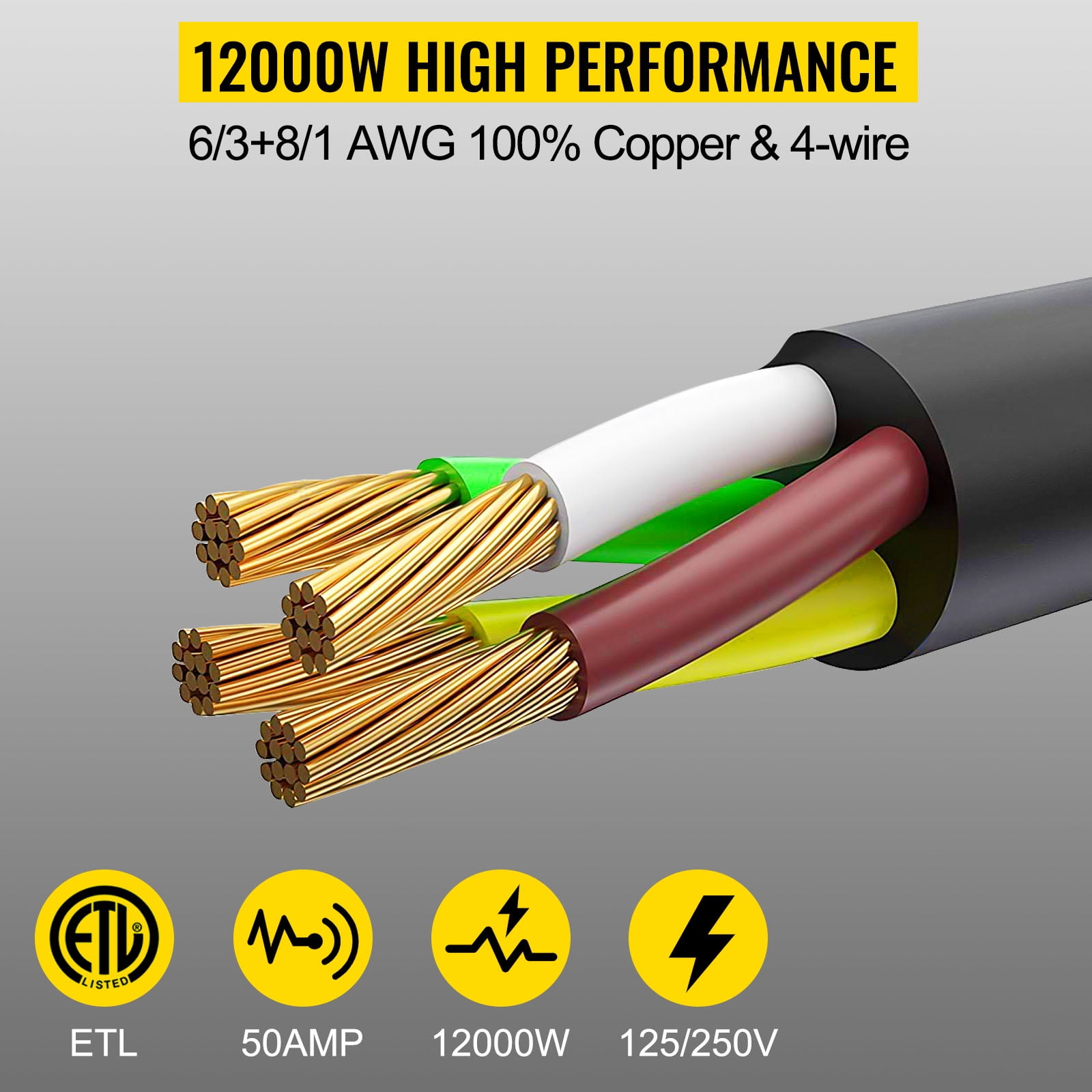 VEVOR Generator Cord, 15FT Generator Power Cord, 125/250V 50AMP Generator Cord, 12000W 50AMP Cord, SS2-50R 50AMP Cable, SS2-50P 50AMP Extension Cord, 50Amp Generator Power Cord with Portable Strap