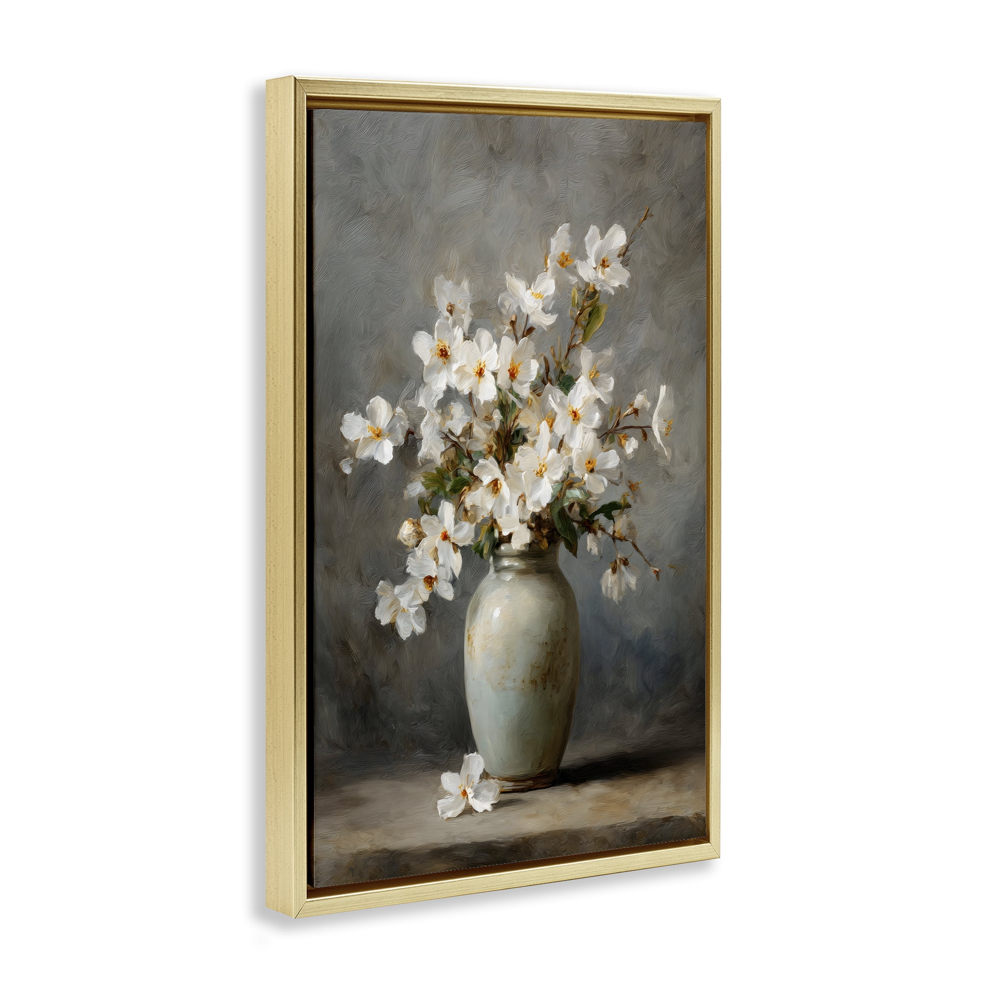 Stupell Industries Full White Flowers in Vase Gold Framed Floater Canvas Wall Art, design by Petal Prints Design