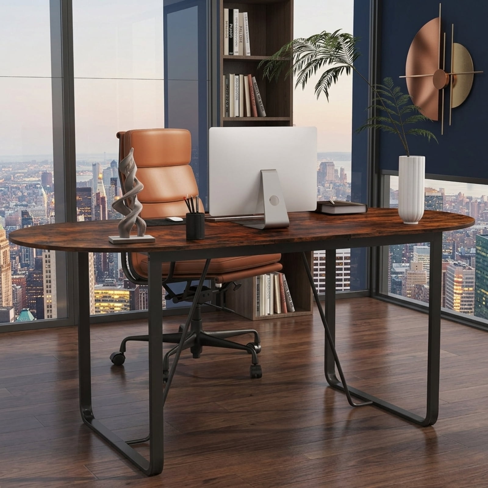 Furnibear Executive Desk 71 Inch Large Oval Home Office Desk Computer Writing Work Desk with Cable Management Hole and Metal Frame, Rustic Brown