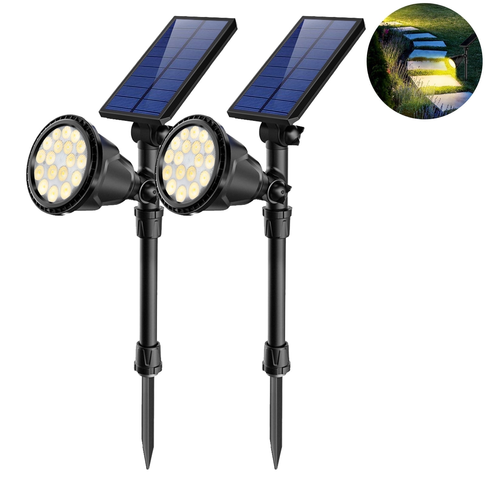 JSOT 2 Pack Solar Spot Lights Outdoor, 600lm Solar Flood Lights, LED Solar Landscape Spotlights for Garden Walkway Yard Porch, Driveway, Pathway, Lawn, Pool, Warm Light