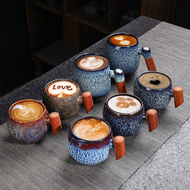 Taza de cerámica con mango de madera para horno, taza de café para oficina, taza de té creativa, taza de leche personalizada para el hogar