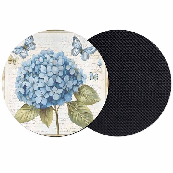 Blue Hydrangea Coasters Set of 2, Spring Vintage Botanical Butterfly Absorbent Coasters for Drinks, Coaster for Bar Office Dining Coffee Table Accessories Decor, Non Slip Round Desk Coaster