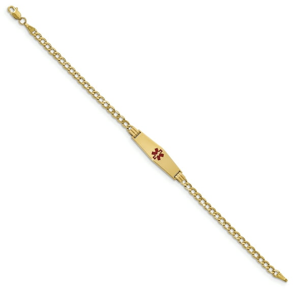 Primal Gold 14 Karat Yellow Gold Medical Semi-solid Soft Diamond Shape Red Enamel Cuban ID Bracelet