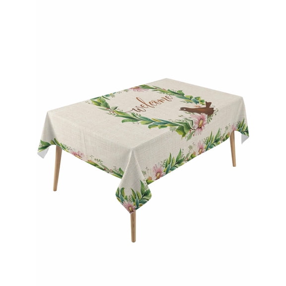Spring Botanical Rectangle Tablecloth, Garden Birds Floral Leaves Rustic Burlap Waterproof & StainResistant Tablecloth, Washable Oil-proof Table Cover for Dining/Party/Wedding/Buffet 60x120 In