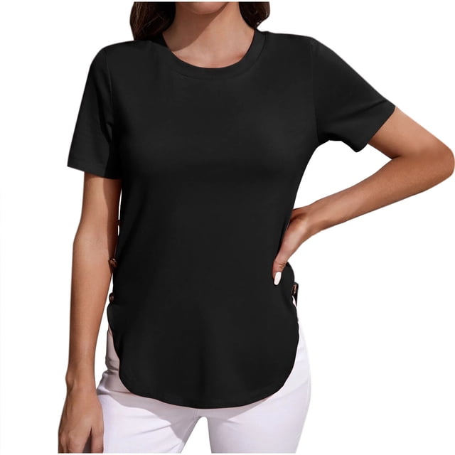 Plebaso Tuniques à Manches Courtes pour Femmes, Blouses Décontractées à Col Rond, T-Shirts Basiques Confortables avec Boutons Latéraux